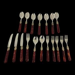 EME Italy INOX 18/10 Red Handle Flatware Lot 21pc Knives Forks Spoons